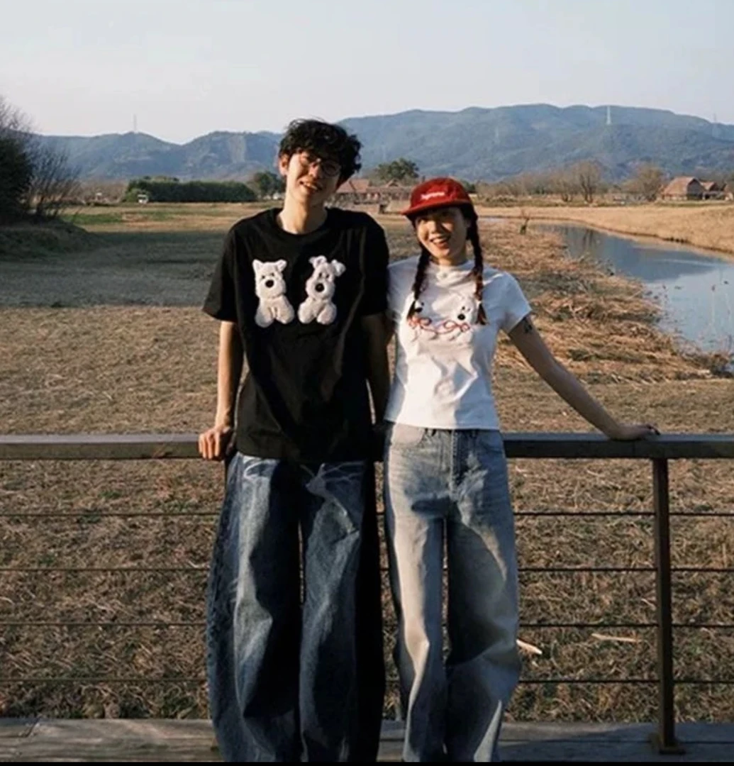 纯棉短袖t恤男女ins半袖上衣不一样的情侣装贴布刺绣小狗夏季宽松