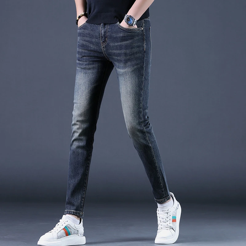 DESITASH复古蓝色男士牛仔裤修身小脚弹力刺绣韩版小直筒长裤子