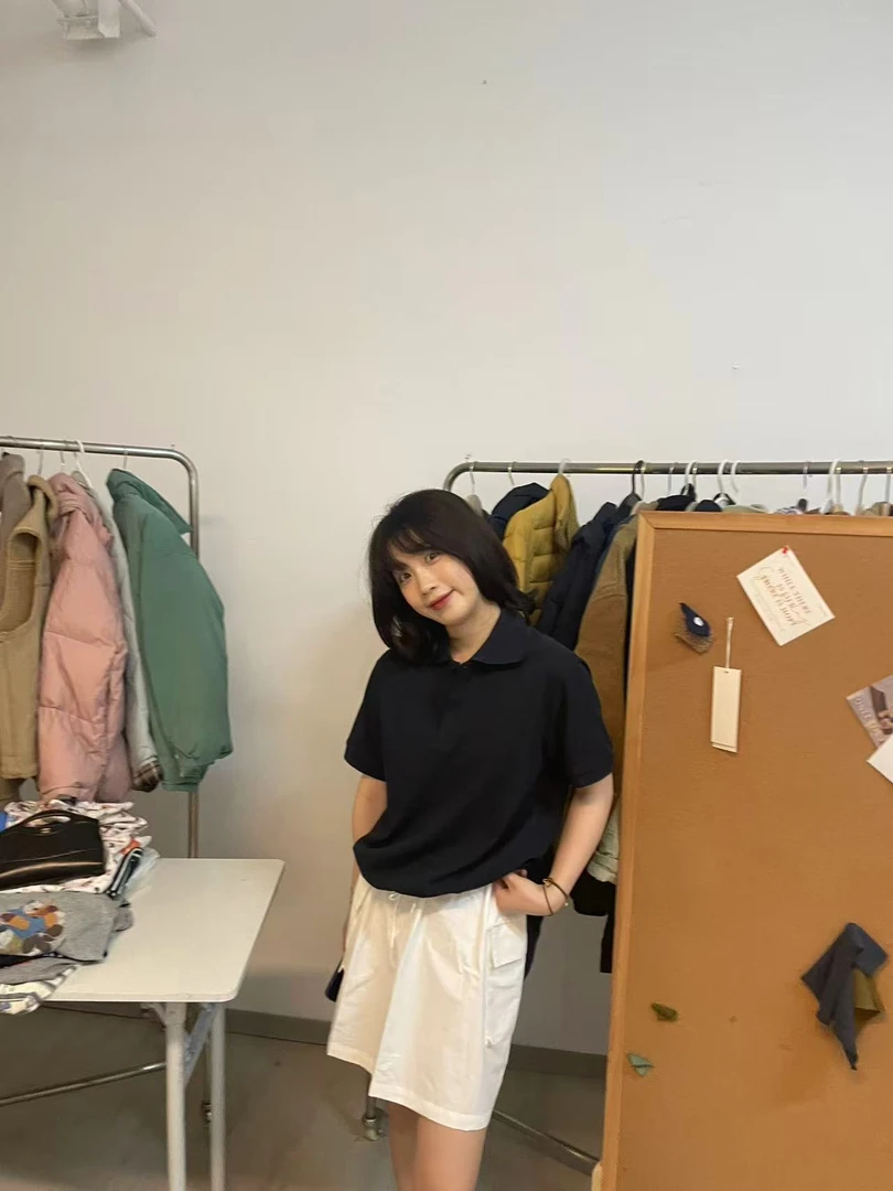 Sevbasks 七七家韩版  藏青polo翻领纯色夏日半袖T恤