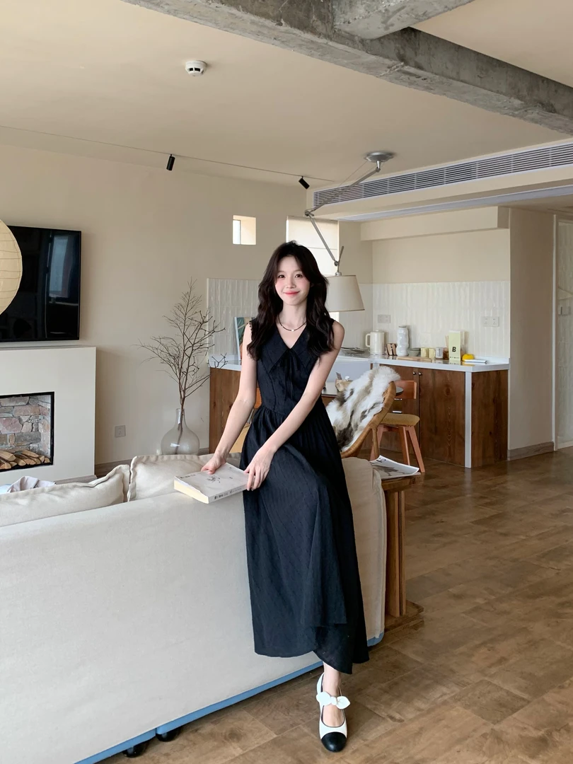 Even一雯【夜的第七章】韩系高智感纯棉翻领系带蝴蝶结千金感连衣裙