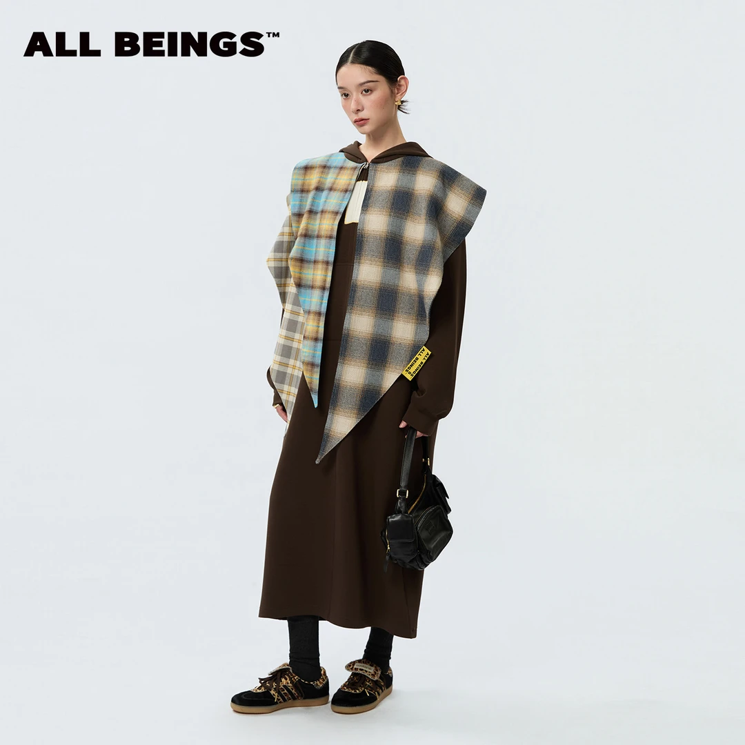 ALL BEINGS25AW设计师新款冬季 多色围巾拼接连帽复古针织连衣裙