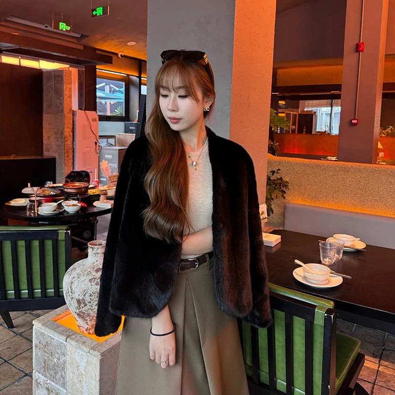 【王菲】WX001V领短款50CM轻奢时尚整貂天鹅绒品质皮草水貂外套女