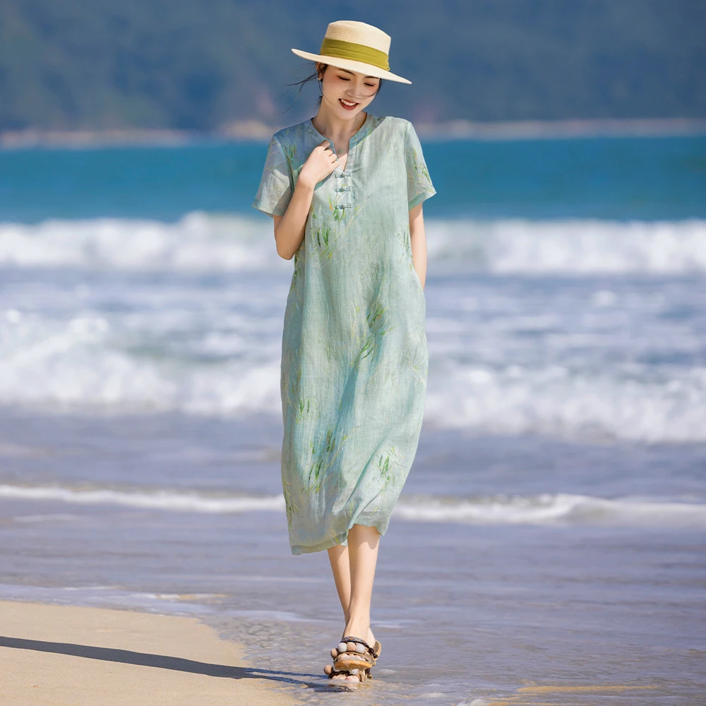 夏季新款文艺复古短袖柳枝印花苎麻改良旗袍裙V领大气盘扣连衣裙