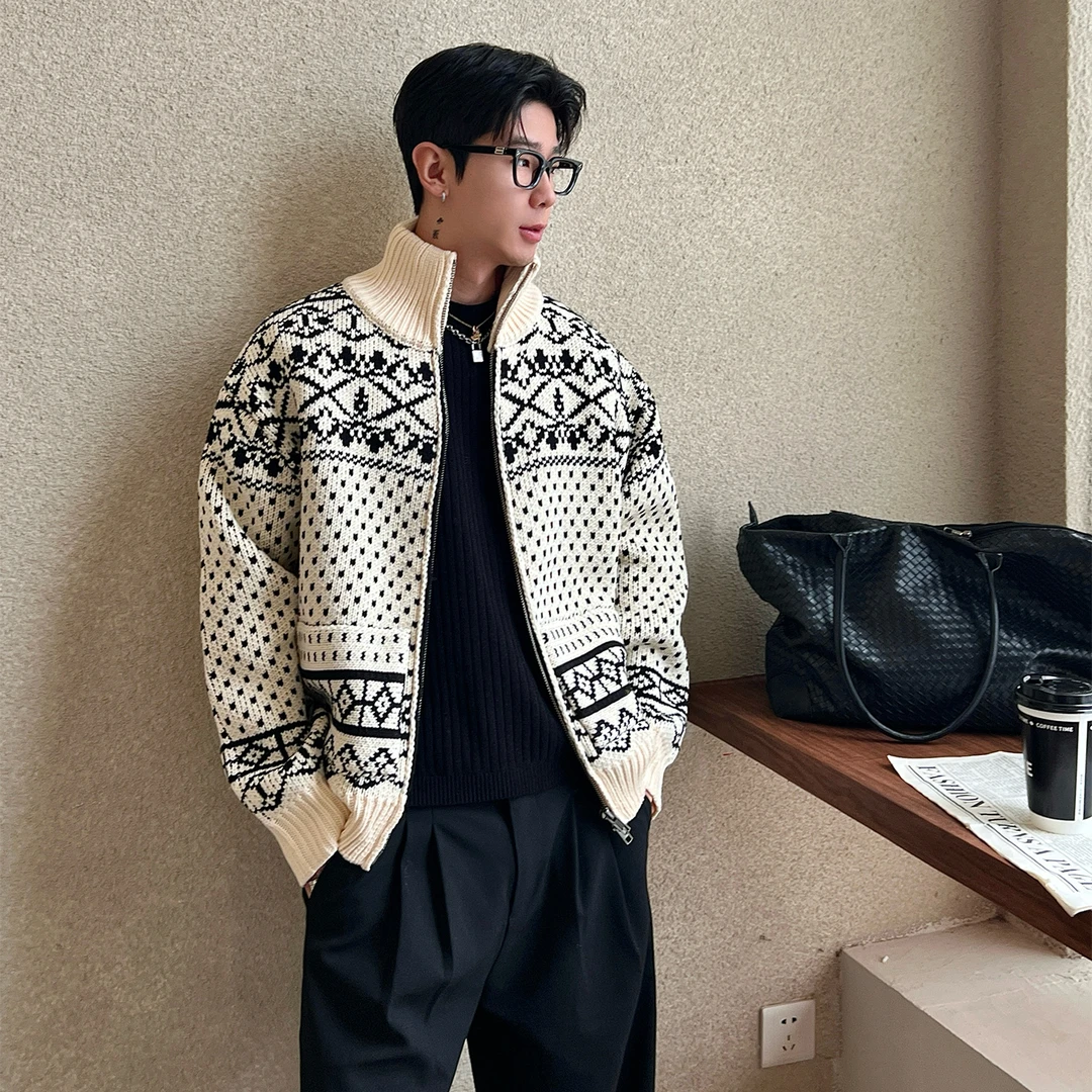 OXFREAK「费尔岛元素提花」重磅开衫毛衣男冬季加厚高级感针织衫