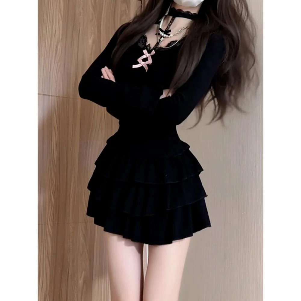 FANZHESA纯欲性感黑色蕾丝蝴蝶结连衣裙子女2025春秋新款修身辣妹