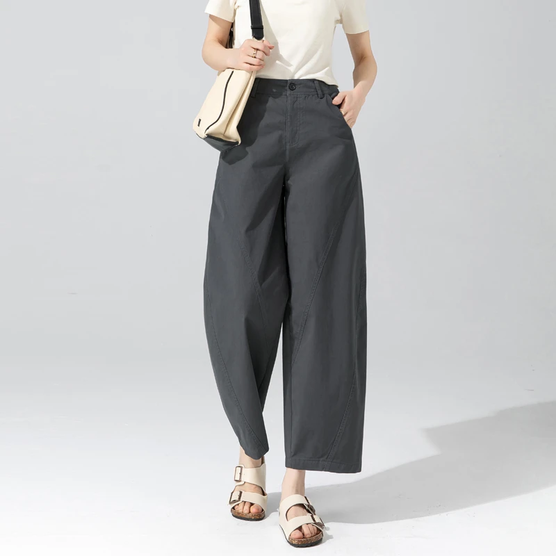高腰灰色裤子女2025新款夏季纯棉显瘦哈伦裤女九分休闲松弛灯笼裤