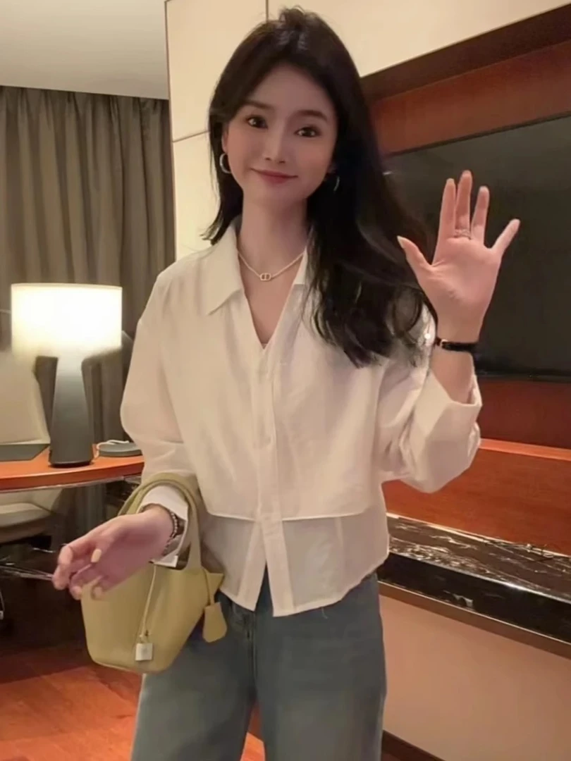 白色假两件衬衫女2025春夏新款时尚休闲减龄系带收腰显瘦防晒上衣