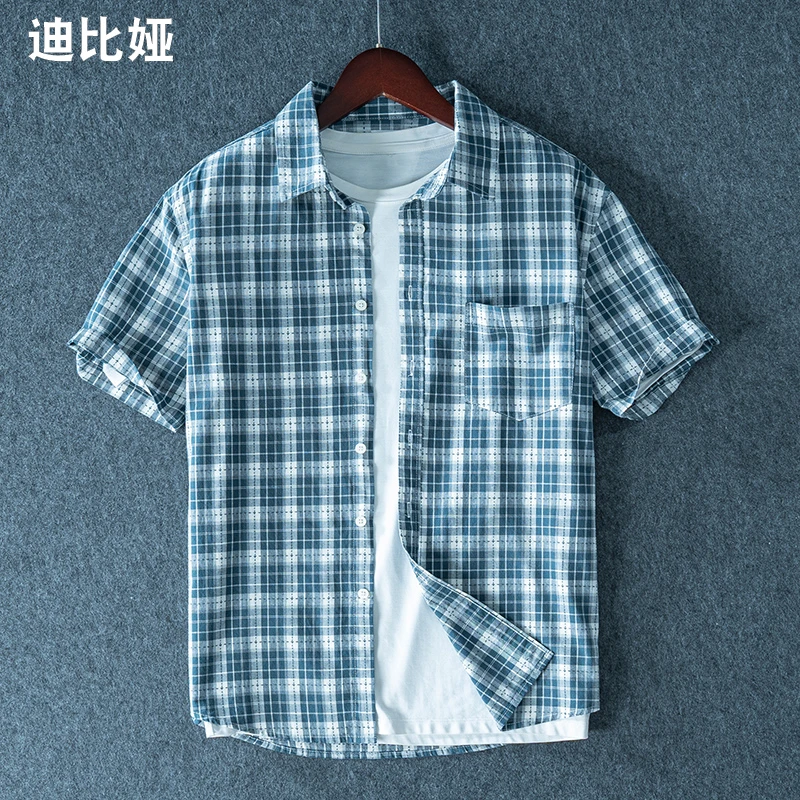 迪比娅夏季薄料纯棉男士休闲格子百搭短袖衬衫舒适透气薄款衬衣M