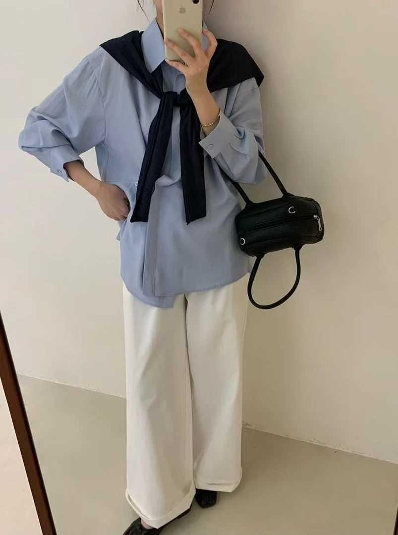 韩系宽松长袖衬衫套装针织小披肩春季穿搭