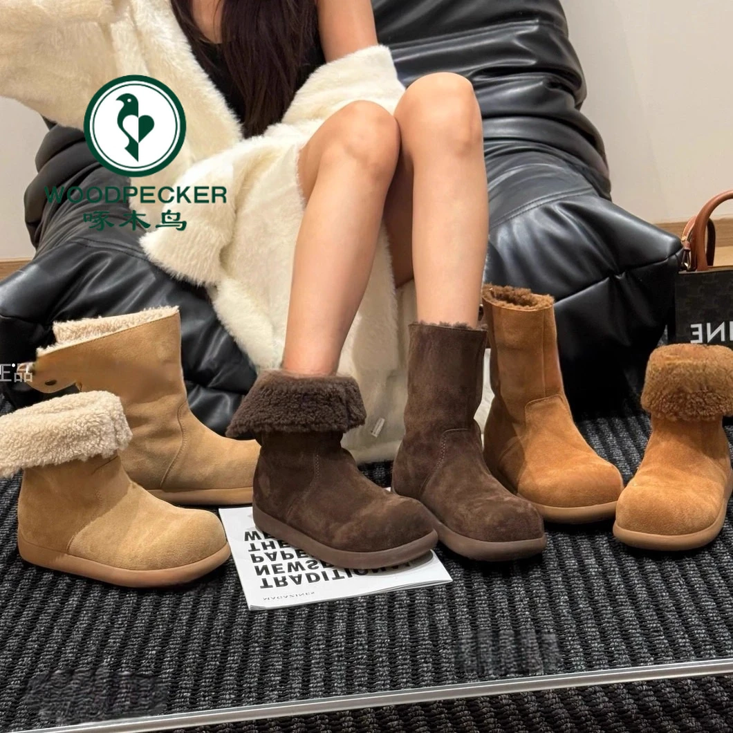 啄木鸟羊羔毛雪地靴冬芒果头翻边两穿百搭堆堆靴加绒加厚保暖棉鞋
