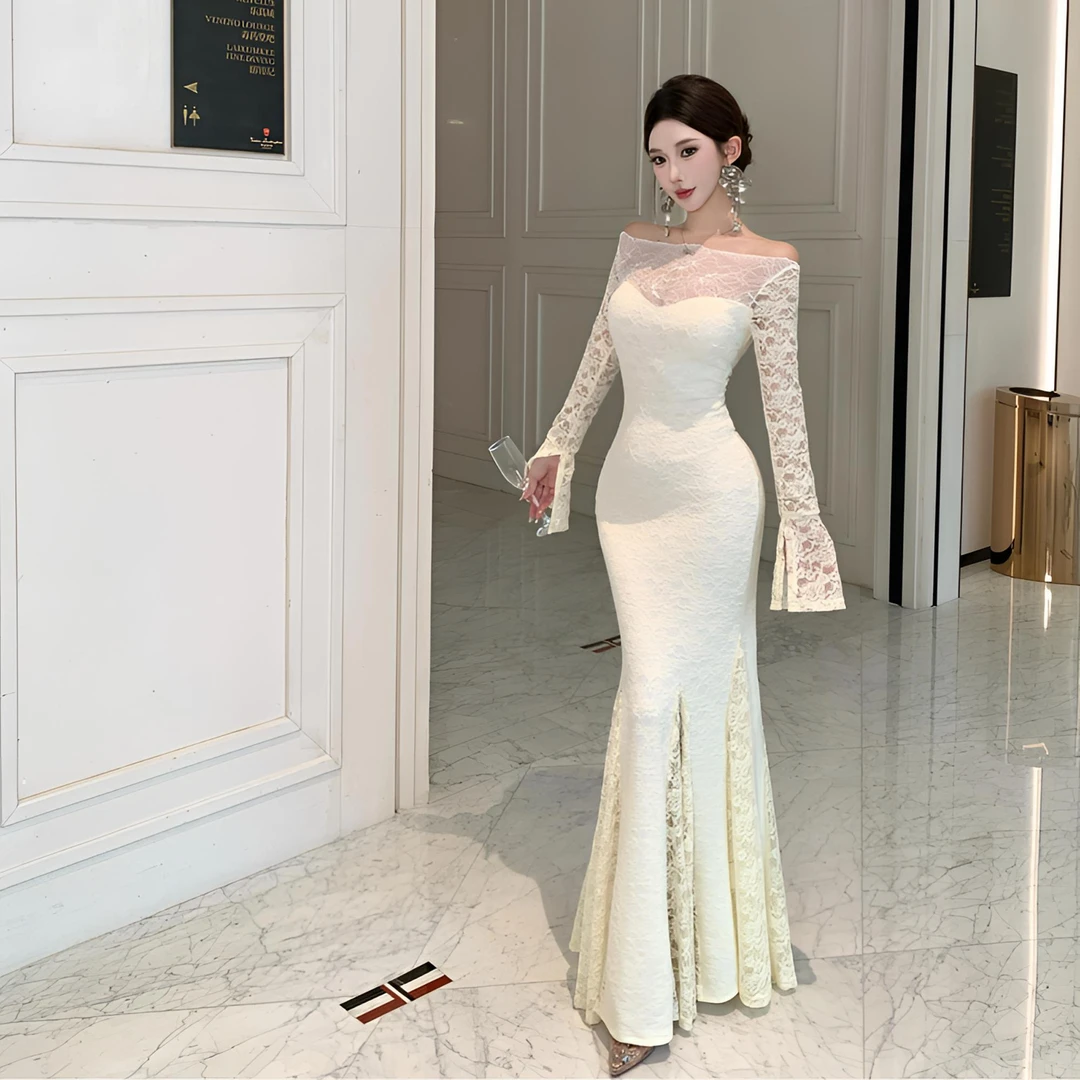 纯欲性感辣妹秋季法式复古设计感气质修身一字肩喇叭袖鱼尾连衣裙