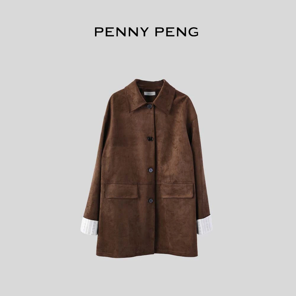 PENNYPENG街头掠影春季气质品质重工设计铁锈绿翻领中长款外套