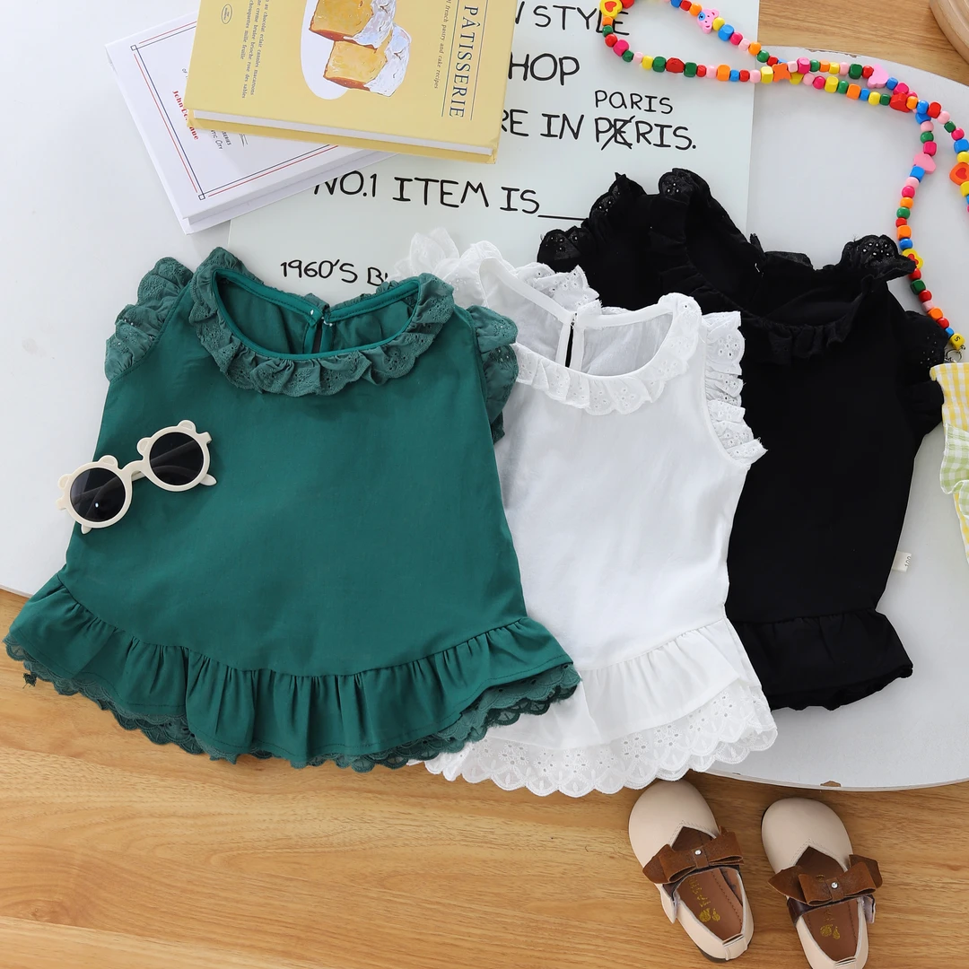 女童背心童装棉无袖港风少女风女韩版夏季碎花蕾丝女宝背心