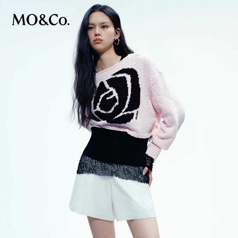 【粉丝专享】MOCO春玫瑰提花颗粒感肌理大圆领短款针织衫MBD1SWTT05