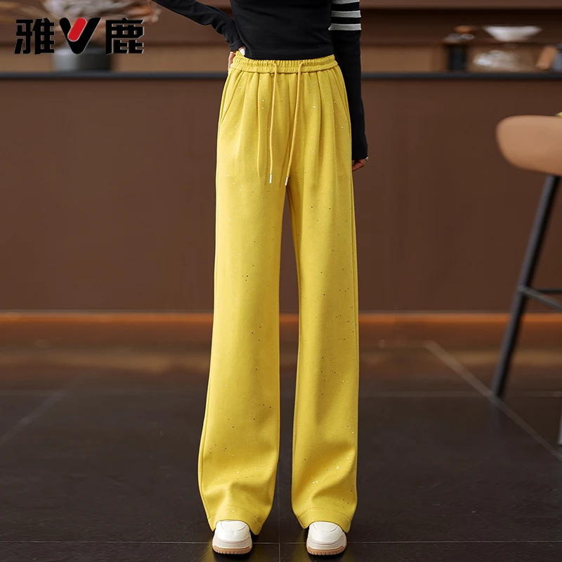 V/雅鹿窄版阔腿裤亮片松紧腰休闲裤女秋季爆款显瘦拖地裤气质长裤
