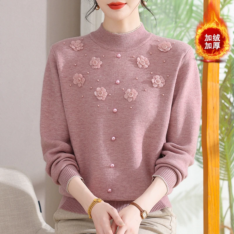 加绒加厚中老年女士针织保暖毛衣百搭时尚洋气保暖妈妈小衫