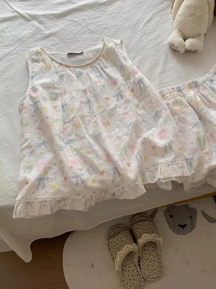 【DMXJ大梦想家】甜美少女彩色蝴蝶结印花睡衣女夏季短裤家居服套装