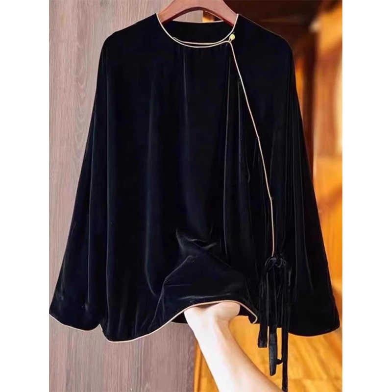 QDA00217黑色长袖丝绒衬衫女装秋冬季2024新款高级感宽松小衫上衣