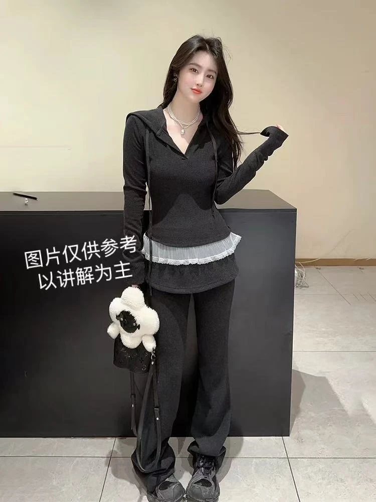 微胖大码女装2025春季新款套装设计感蕾丝连帽上衣+屁帘阔腿裤
