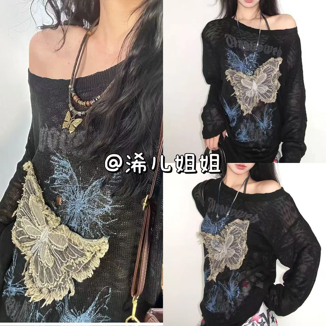 （浠儿家） 夏季慵懒风蝴蝶斜肩针织衫女薄款设计感宽松露肩上衣