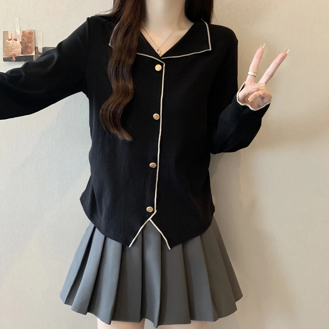 大码法式翻领正肩长袖T恤女春秋胖MM修身显瘦百搭洋气打底衫上衣