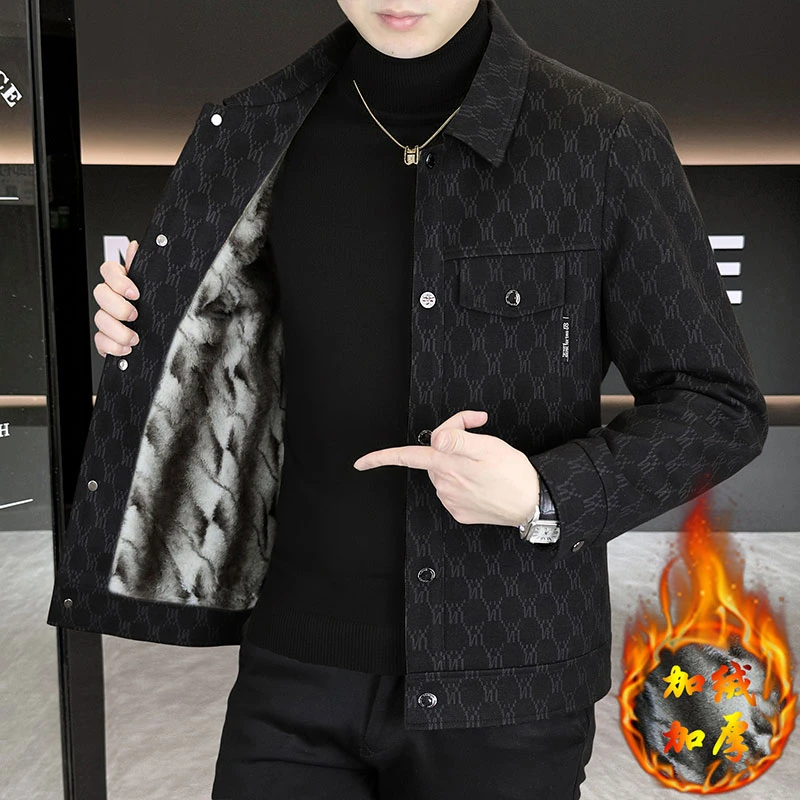 加绒加厚夹克男士外套2025新款翻领上衣服男款百搭提花拼接秋冬装