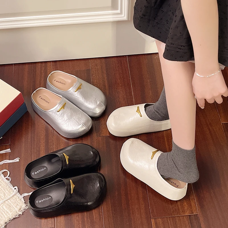 暮秋秋厚底银色勃肯包头半拖鞋女外穿2025春夏季款增高穆勒凉拖