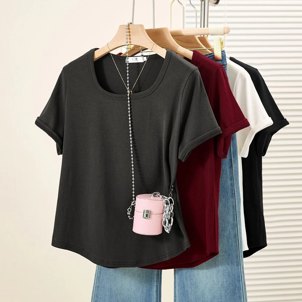 灰色大码方领短袖T恤女2025夏季新款正肩92%棉宽松休闲百搭上衣潮