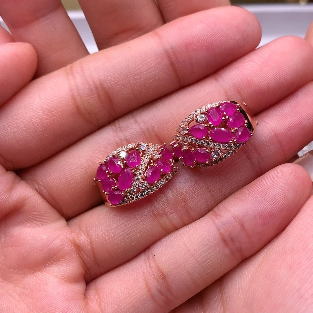 红宝石耳饰银S925镶嵌