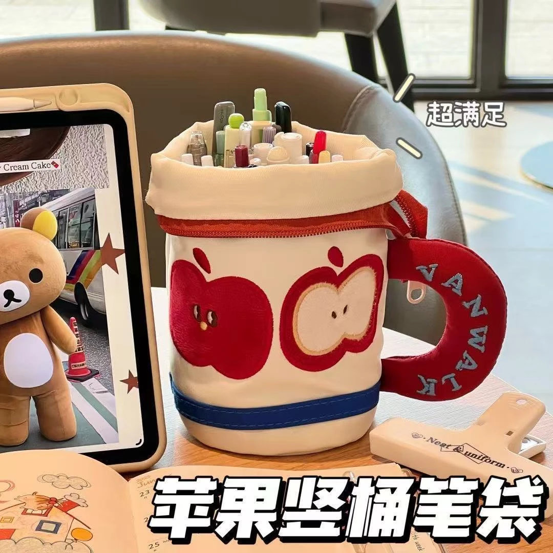 新款苹果竖桶笔袋ins风高颜值小众设计学生文具大容量笔筒收纳yw