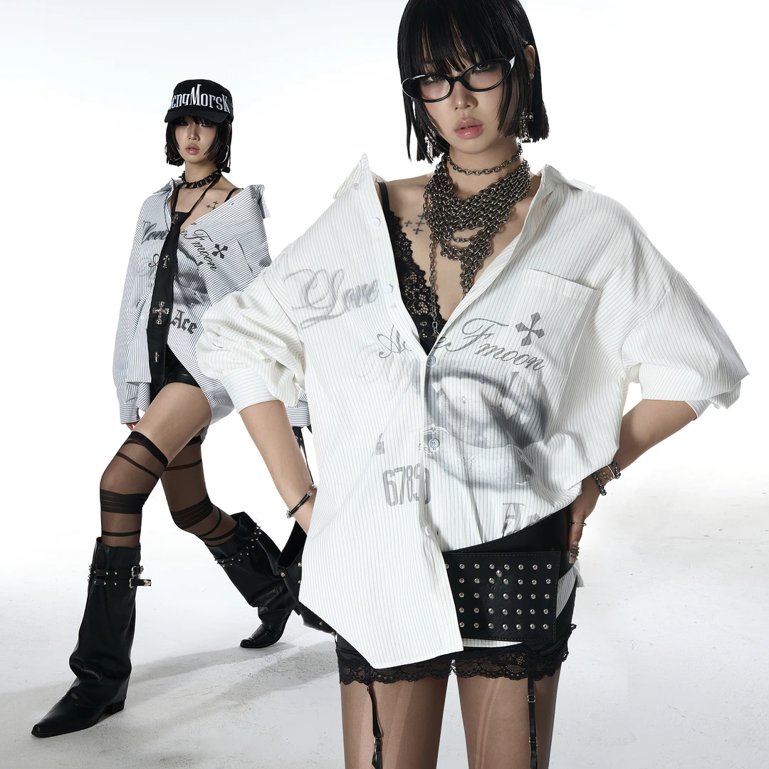 美式复古涂鸦印花长袖衬衫女2025春秋新款宽松休闲衬衣外套上衣潮