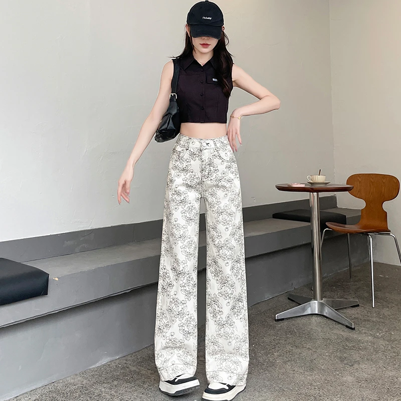 蜜蜜穿搭印花阔腿牛仔裤女2025秋季宽松设计感新国风水墨画拖地裤