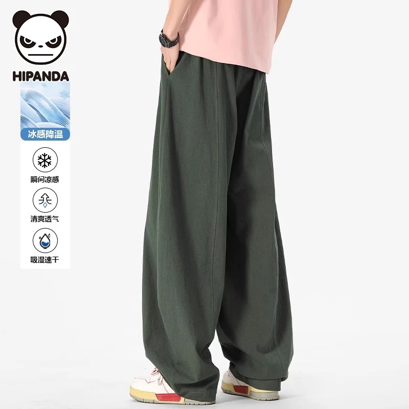 HiPanda你好熊猫棉麻复古休闲弯刀裤男士夏季薄款直筒阔腿裤子男