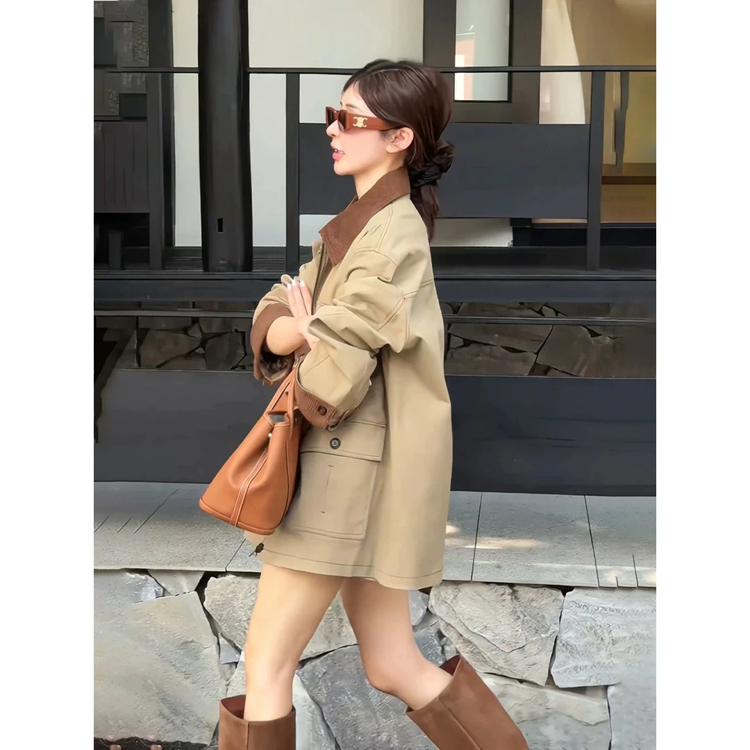 复古港风卡其色工装套装女 2025 秋季翻领外套高腰短裙两件套通勤