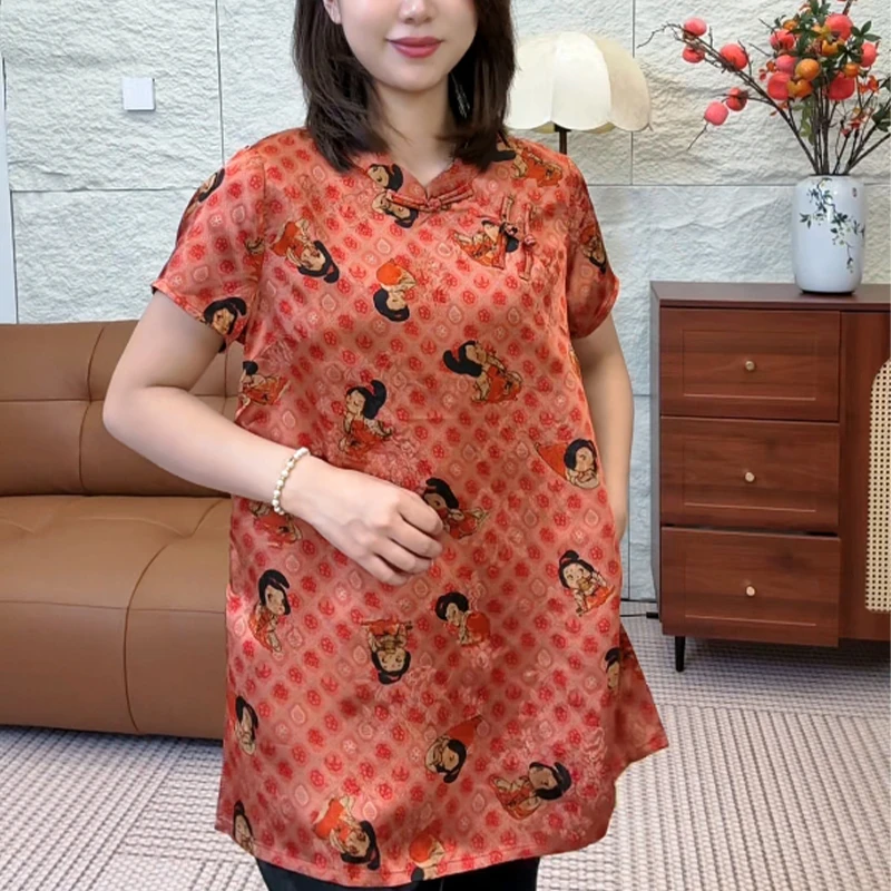 新中式圆领斜襟盘扣短袖宽松百搭上衣9382