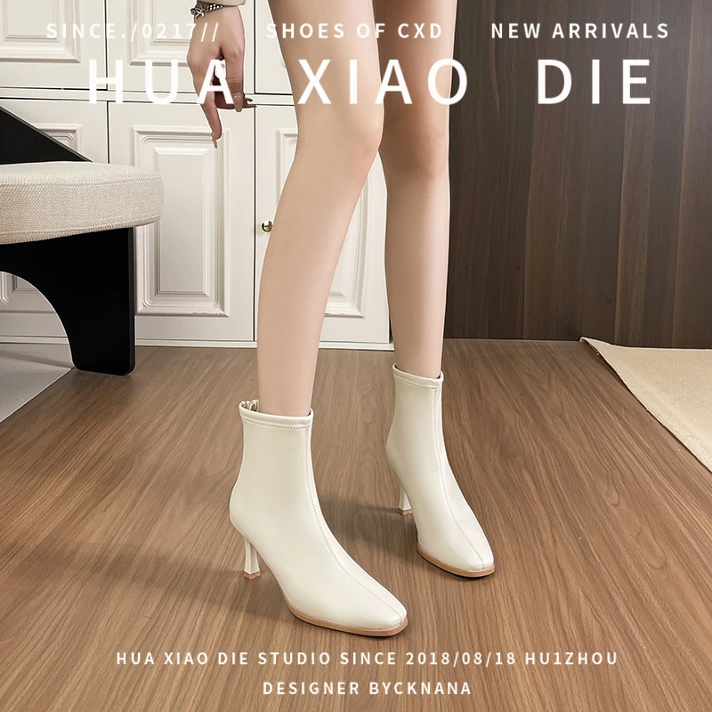 花小蝶超火韩版尖头细跟高跟短靴女2026秋冬新款显瘦百搭瘦瘦靴子