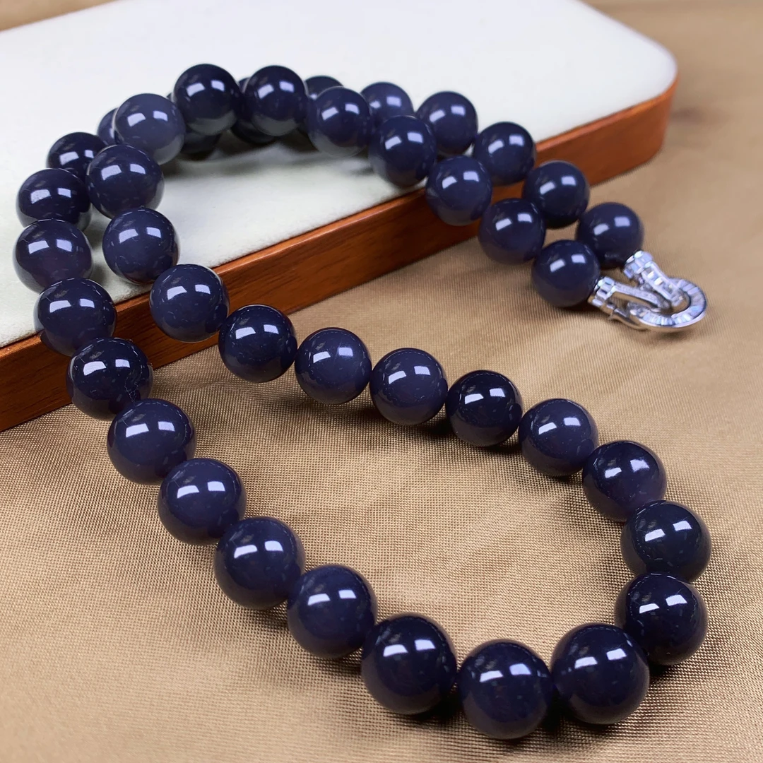 天然和田玉青海料烟紫浓紫帝王紫12mm银项链颈链妈妈链收藏@0008