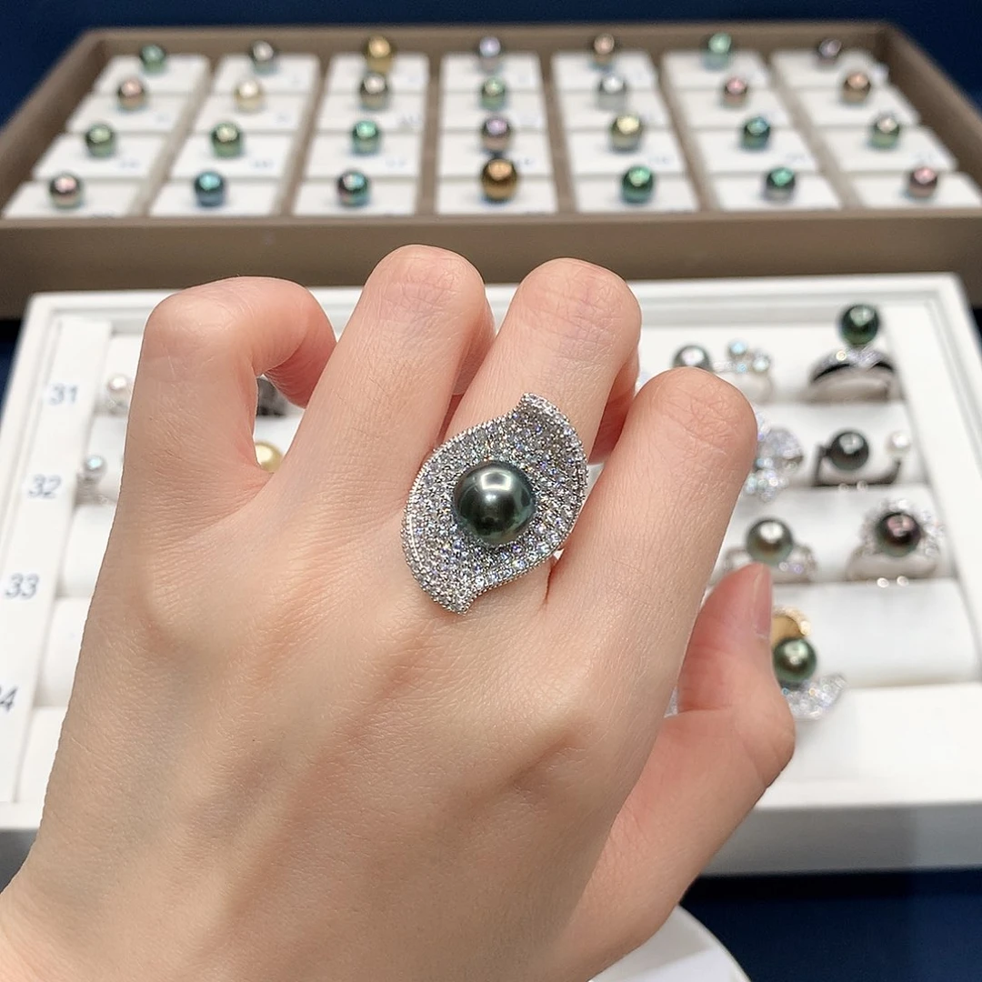 银S925镶嵌戒圈海水珍珠大溪地蓝绿光戒指