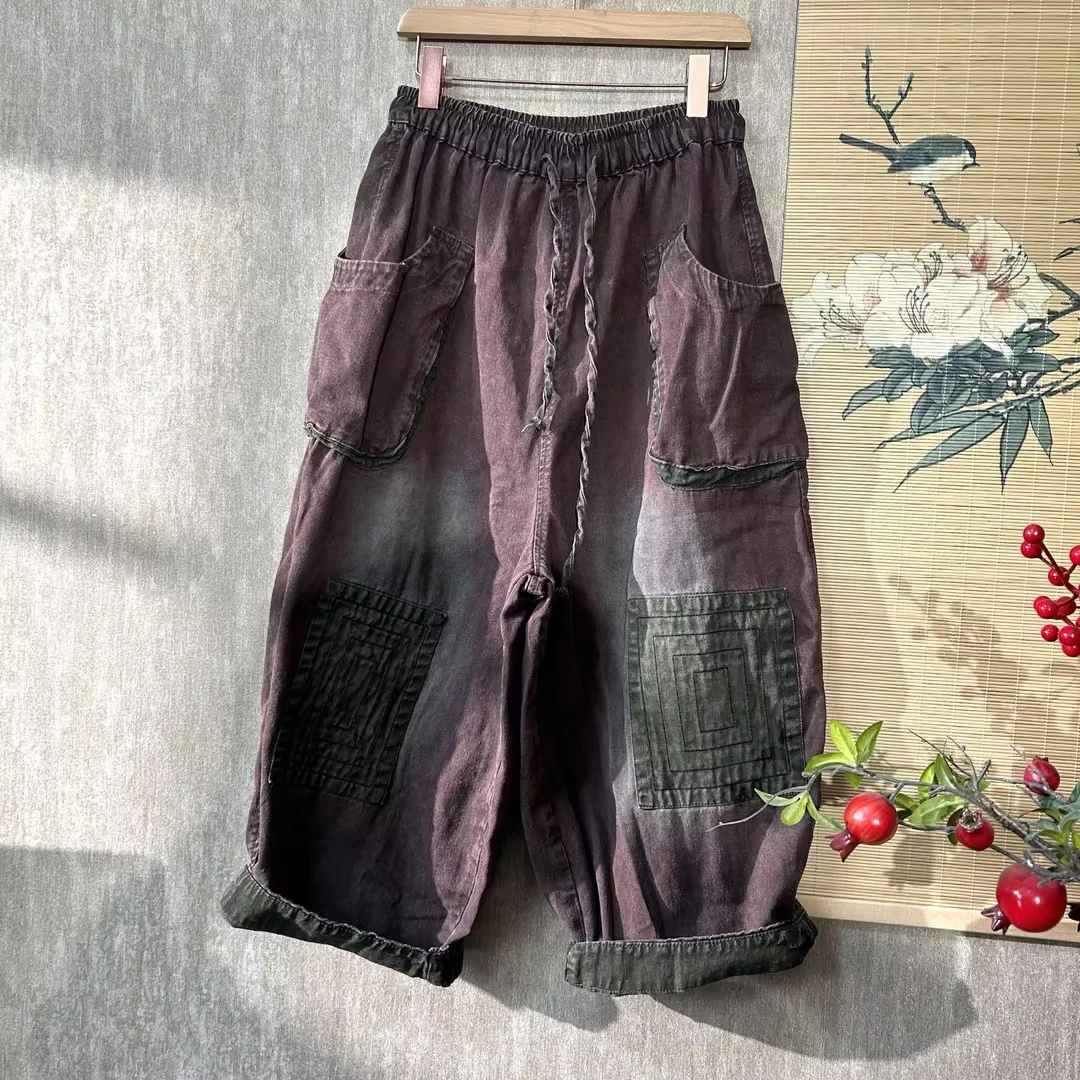 复古砂洗炒色脏染休闲宽松个性牛仔裤（裤长90臀围135）