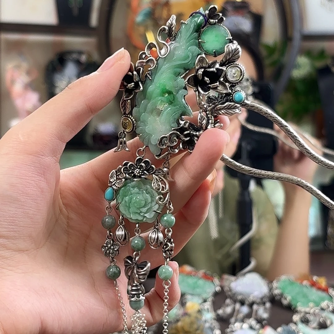 翡翠银S925镶嵌发饰翡翠