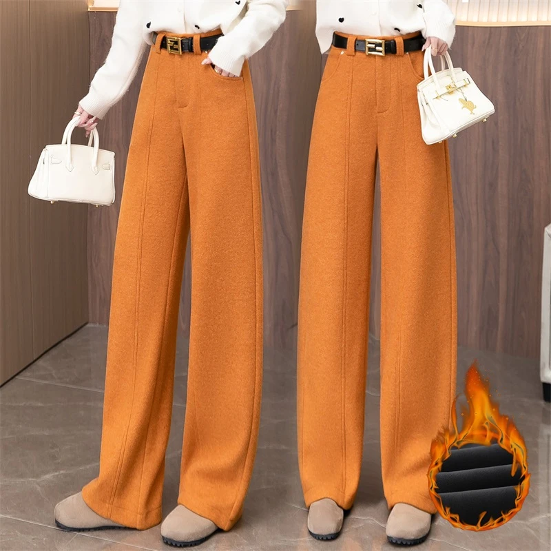 加绒加厚绵羊毛弯刀裤女2025年冬季新款高腰显瘦宽松阔腿裤休闲裤