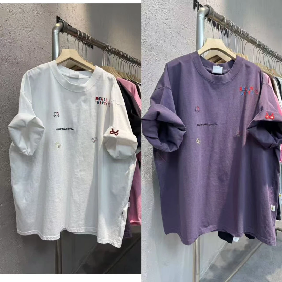 8015 夏季前后多个小刺绣重工全棉宽松大版型休闲圆领显瘦短袖T恤