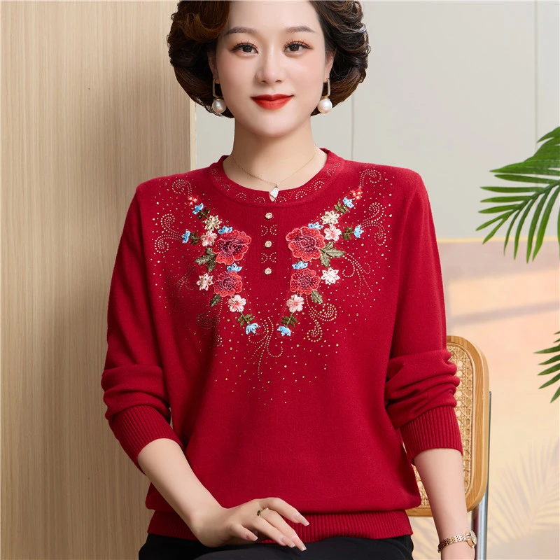 时尚中老年妈妈装秋季新款针织绣花打底衫秋冬洋派高级感圆领毛衣