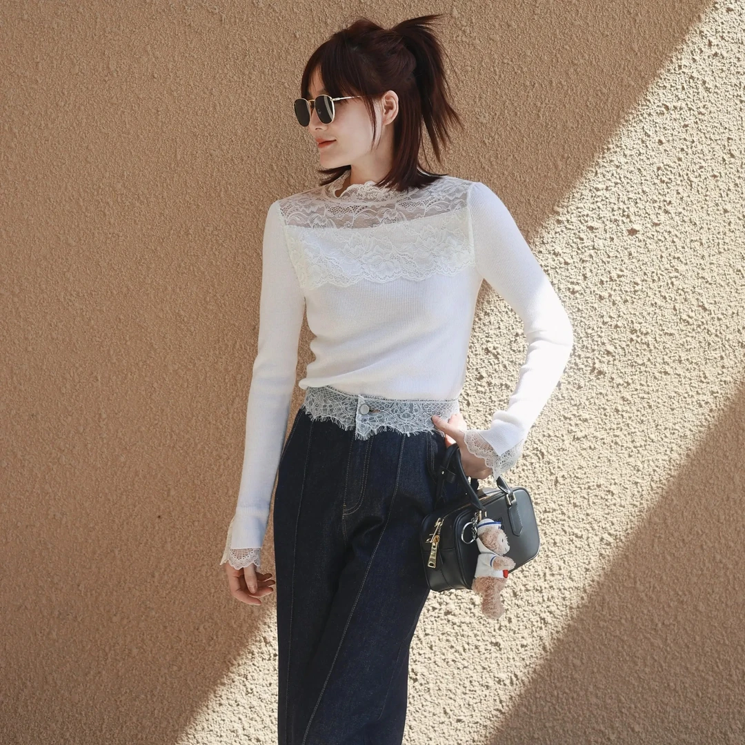 俪研【LIVELY・YAN】秋冬蕾丝拼接长袖73699圆领耐磨百搭针织