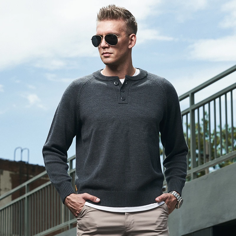 【龙牙】隐鳞美丽诺户外亨利领套头毛衣加强版男士休闲针织户外衫男