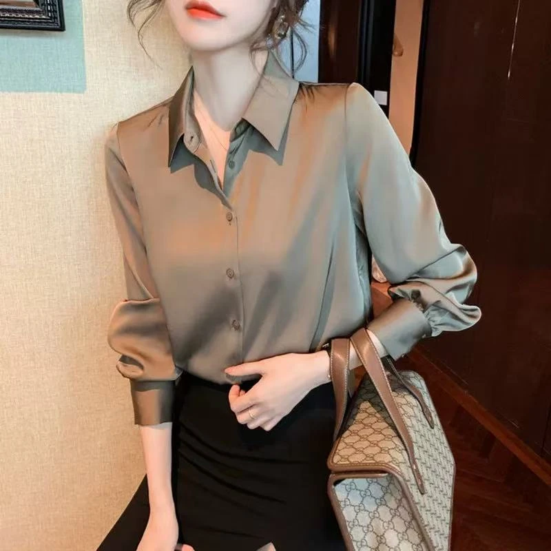 2025新款华尔缎缎面衬衫轻奢小众设计感纯色职业女装修身高档衬衣