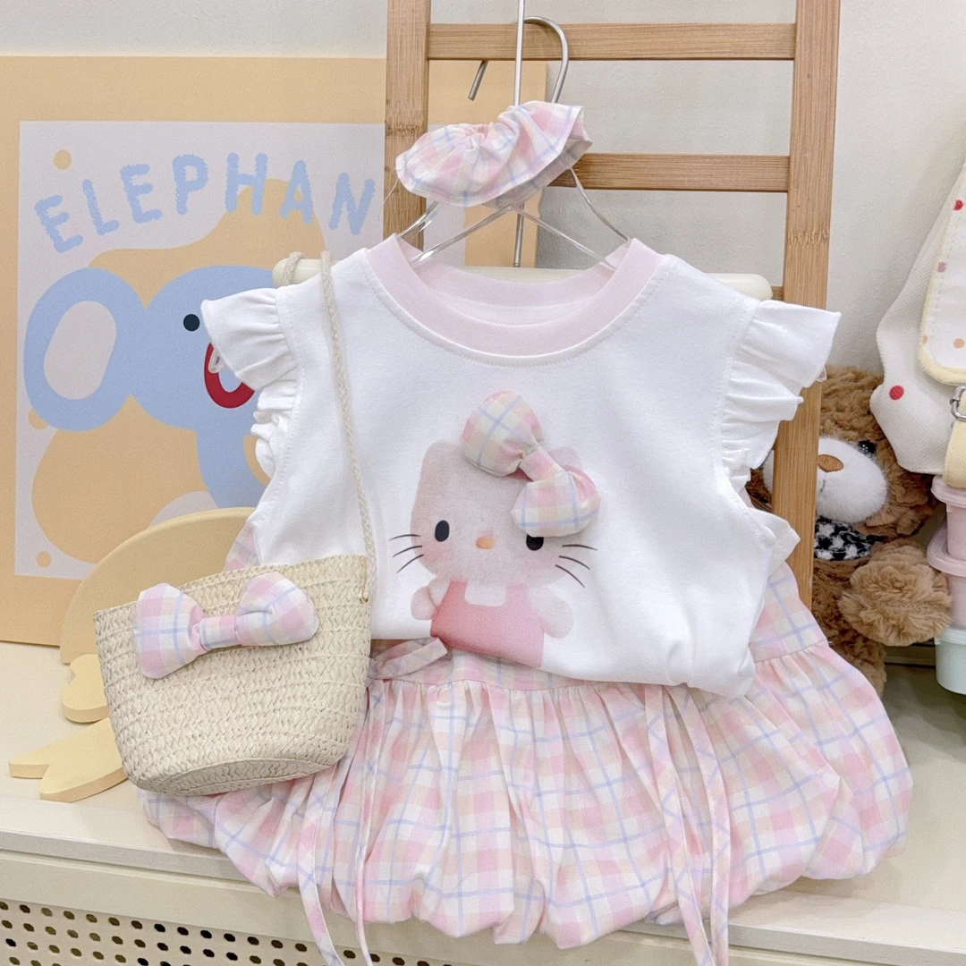 【XTL】2025新夏粉色格子卡通猫蝴蝶结花苞裙裤套装带包包5723