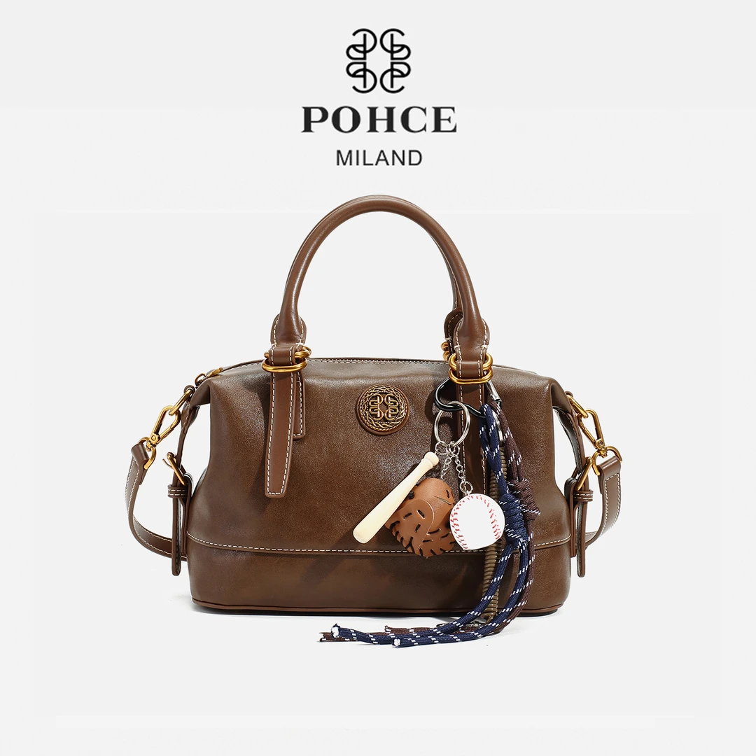 POHCE轻奢女士手提包时尚百搭斜挎休闲波士顿单肩包24240（赠挂饰）