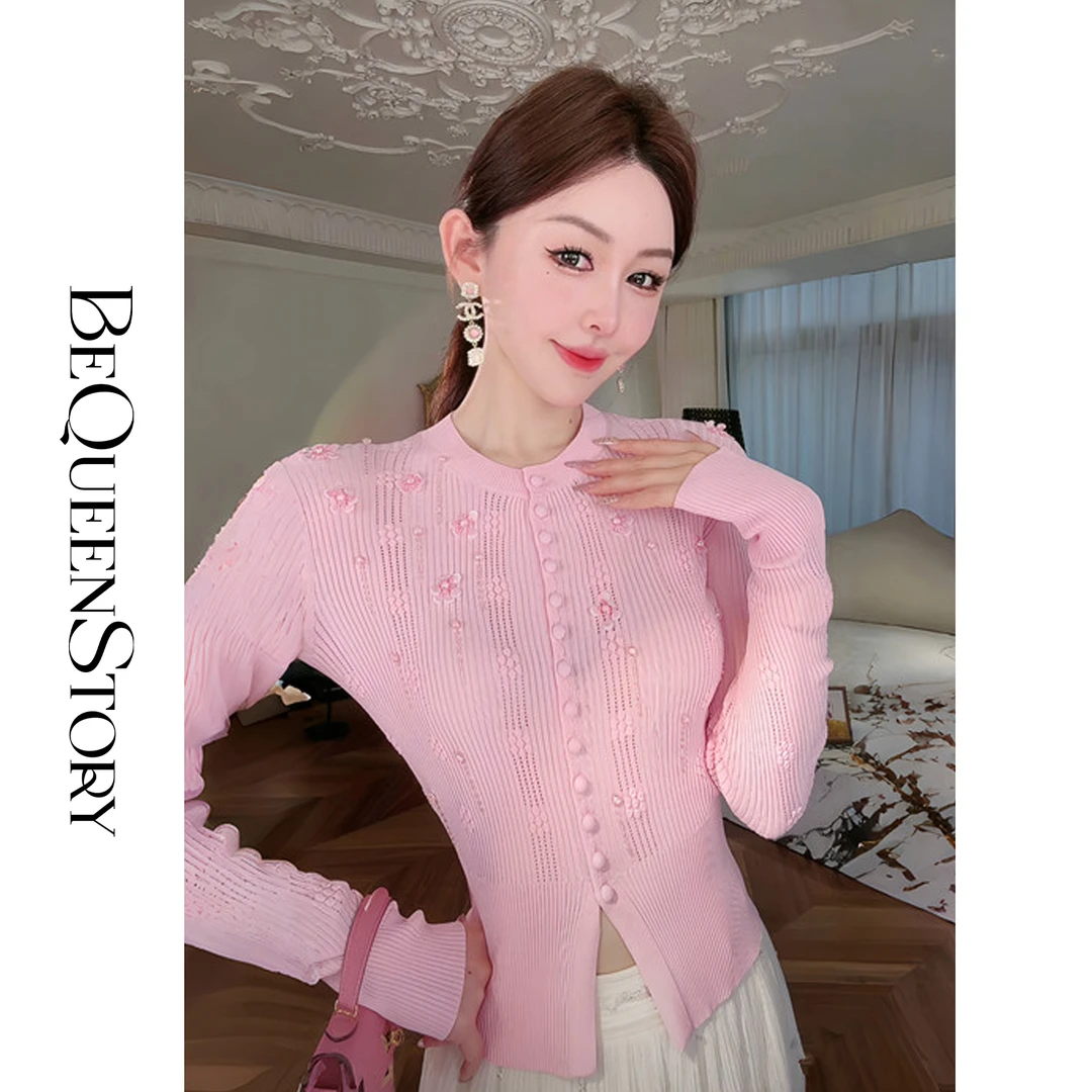 余潇潇【轻语风铃】轻奢精致手工钉珠立体花朵针织衫时尚百搭