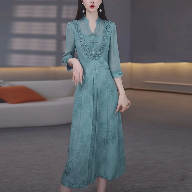 芙蓉丝中国风轻奢女装2025春夏季新款洋气质蓝色优雅高贵连衣裙子